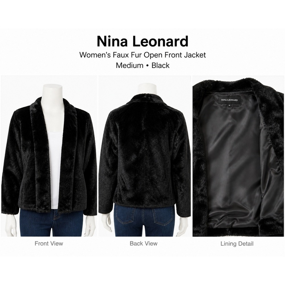 Nina Leonard Women Black Faux Fur Collarless Open Front Jacket HN0418BT Medium